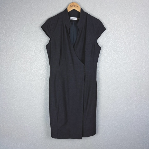 Calvin Klein Cap Sleeve Wrap Dress, Charcoal Gray 10 - EUC, Sheath, Midi, V Neck - Picture 2 of 10